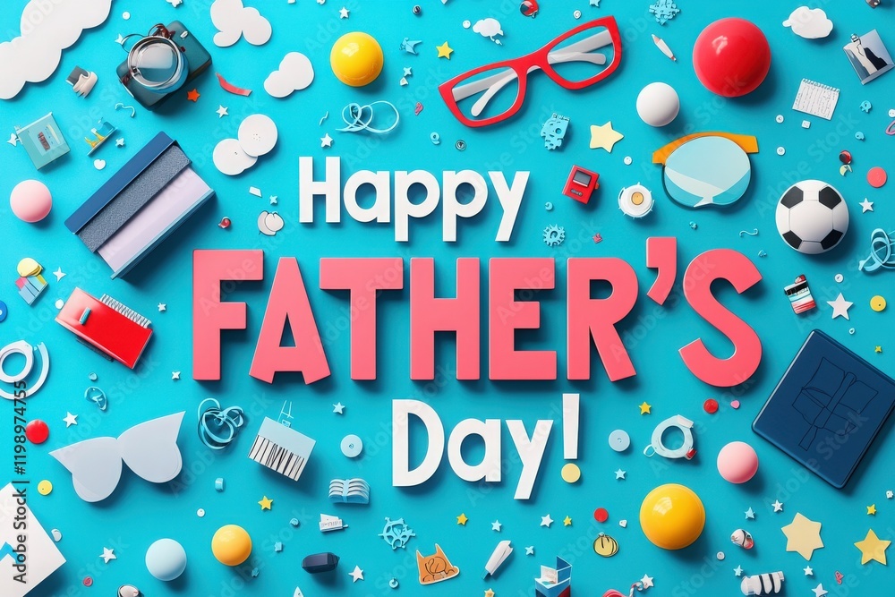 A vibrant display of Fathers Day decorations featuring playful items like glasses, toys, and sports equipment against a bright blue background, creating a festive atmosphere for celebrations.