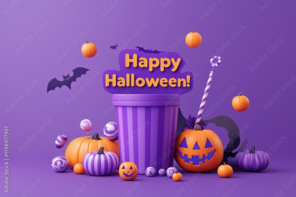 A vibrant display of Halloween decorations includes various pumpkins, candy, and a sign wishing happy Halloween.
