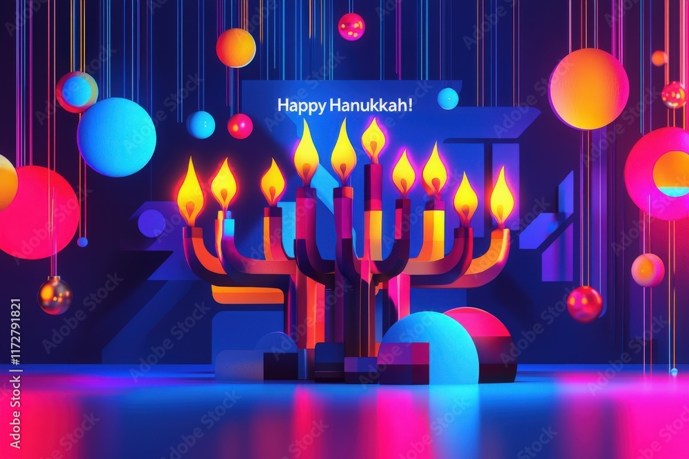 A vibrant display of a menorah lit with candles celebrates Hanukkah, surrounded by colorful geometric shapes and festive decorations in a nighttime setting.