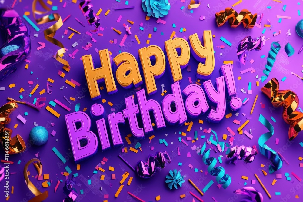 A vibrant display of birthday decorations featuring the phrase Happy Birthday prominently. Colorful confetti and ribbons create a festive atmosphere, perfect for a joyful celebration.