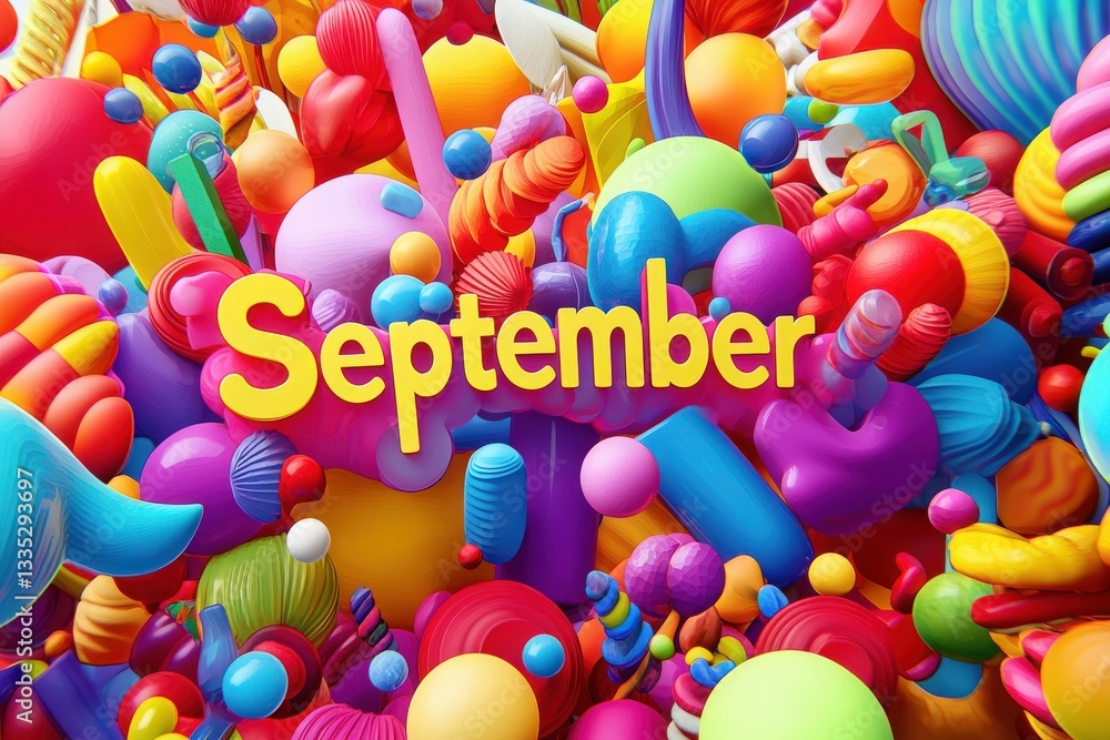A vibrant display of colorful shapes surrounds the bold word September, creating a lively and playful atmosphere filled with various textures and forms, inviting joy and creativity.