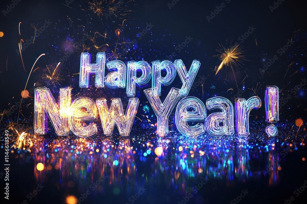 A vibrant display of fireworks illuminates the night sky, featuring a sparkling message that wishes everyone a happy new year. The atmosphere is filled with excitement and joy as colors burst.