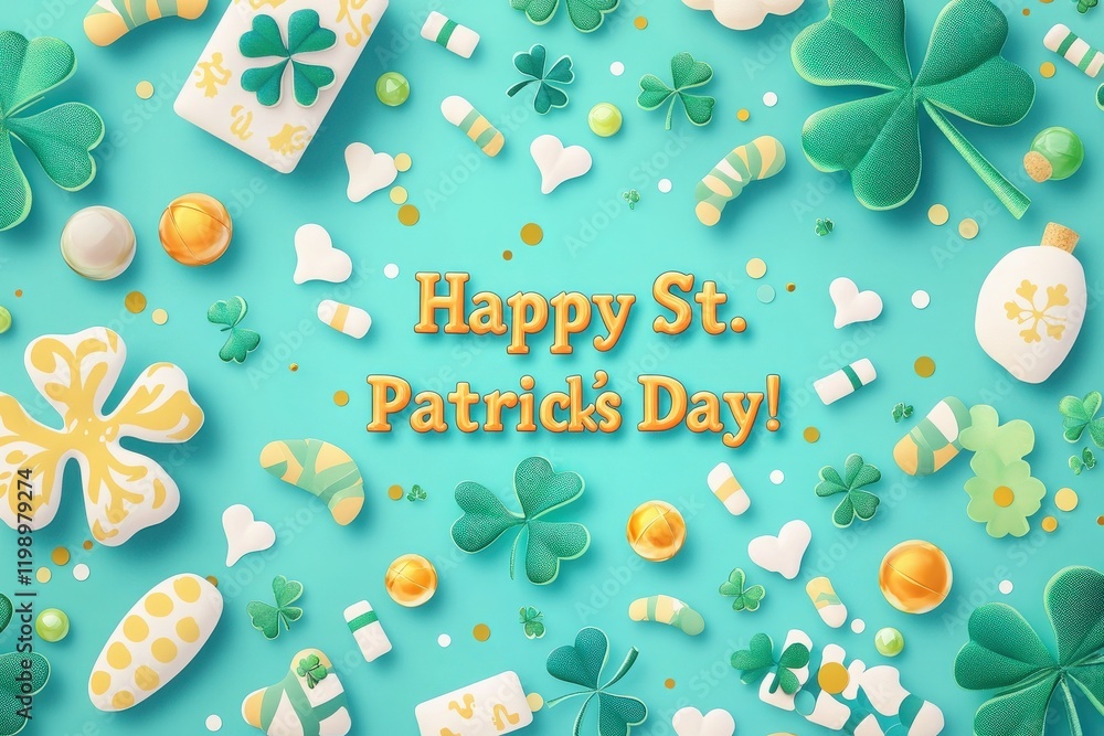 A vibrant display of green clovers, cheerful candies, and festive decorations celebrating St. Patricks Day. The arrangement showcases a mix of shapes and colors, creating a joyful atmosphere.