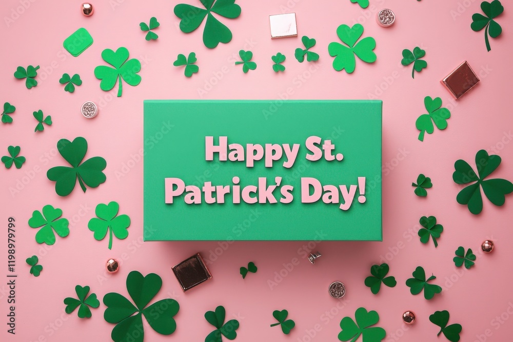 A vibrant display of green shamrocks and festive decorations surrounds a cheerful box wishing a happy St. Patricks Day. The pastel backdrop enhances the celebratory mood and colors.