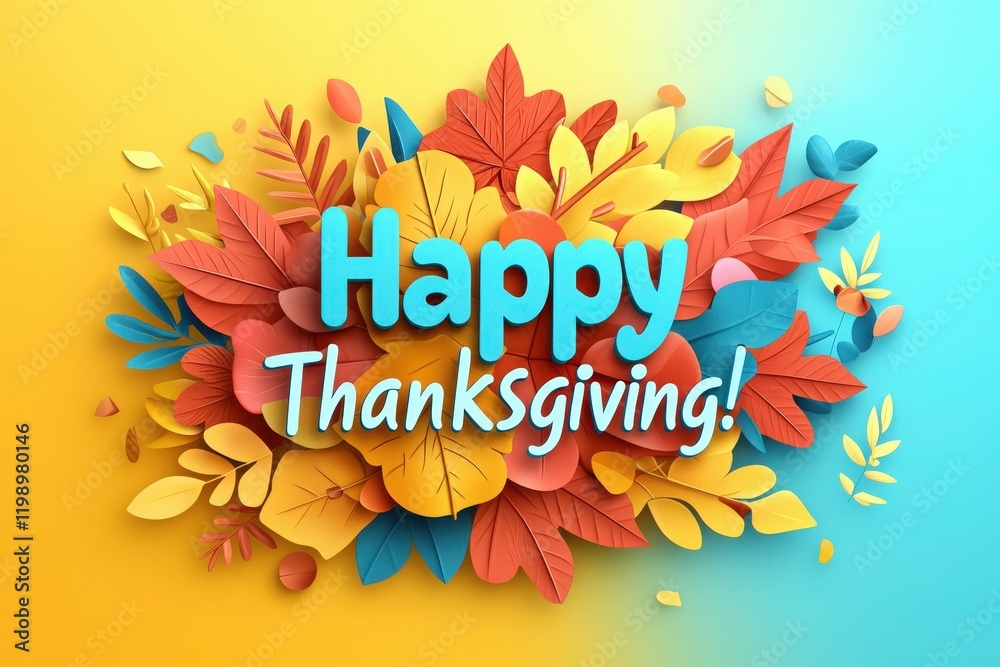 A vibrant display of orange, yellow, and blue leaves forms a cheerful backdrop for Happy Thanksgiving lettering. The design captures the essence of autumn festivities and gratitude.