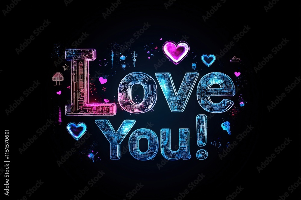A vibrant display of the phrase Love You illuminated by neon colors against a dark background. Colorful hearts and design elements enhance the playful, romantic atmosphere.