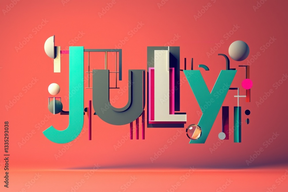 A vibrant display of the word July crafted with various colors and shapes. The artwork features geometric forms against a warm coral backdrop, celebrating summers lively essence.