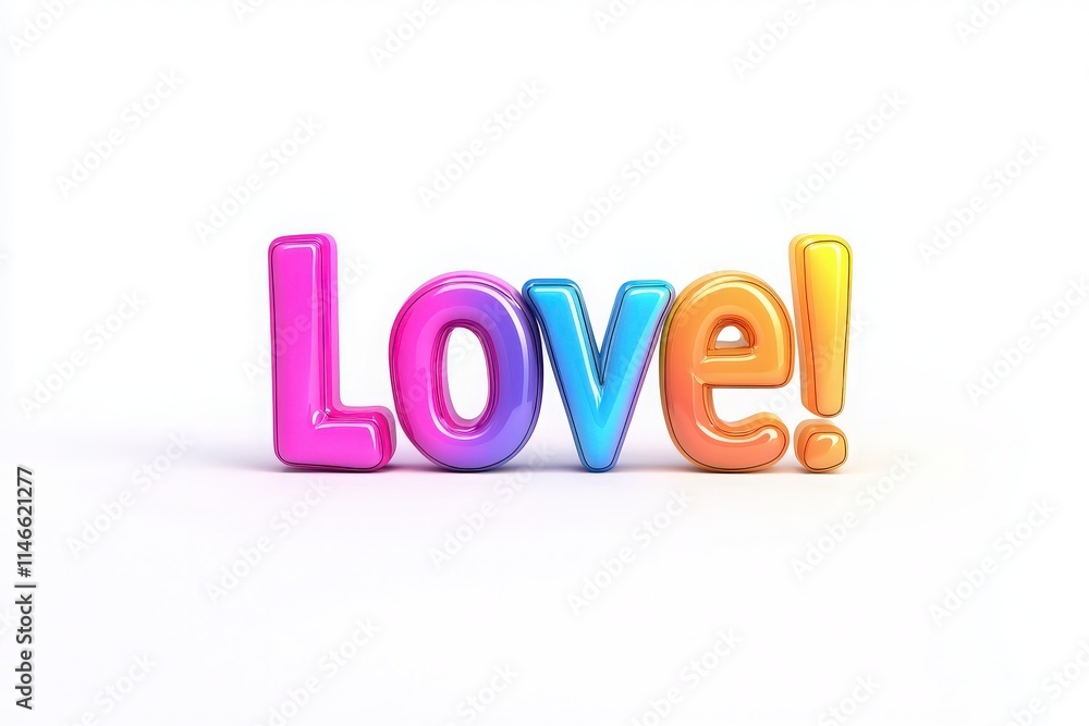 A vibrant display of the word Love in bold, glossy, 3D letters featuring pink, blue, orange, and purple colors. The design is bright and cheerful, set against a clean white background.