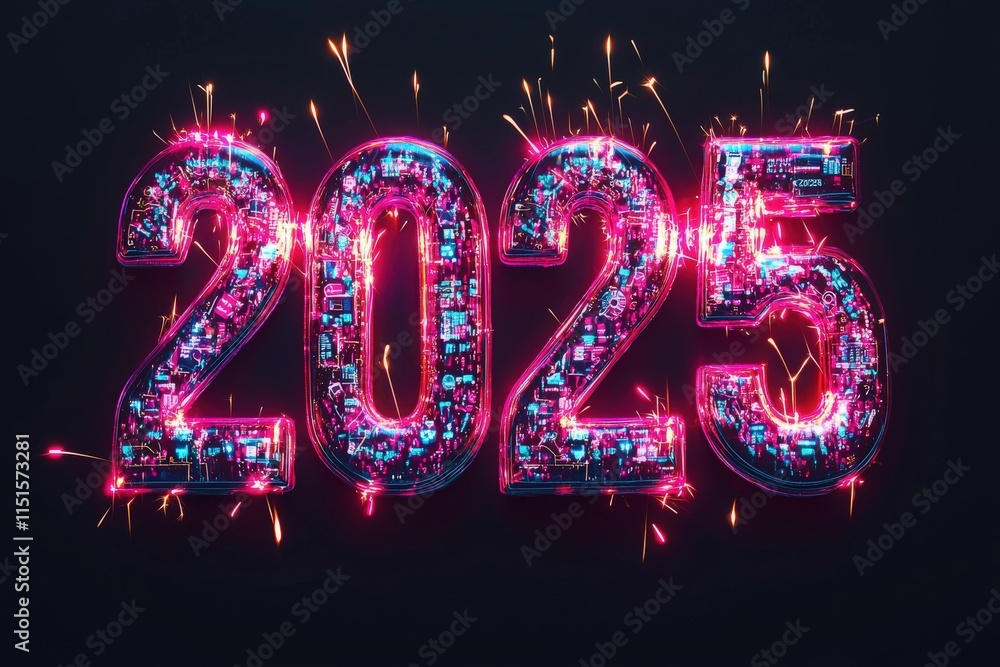 A vibrant display of the year 2025 is filled with electronic patterns and glowing sparks, creating a festive atmosphere. The dark background enhances the colorful design, symbolizing celebration.