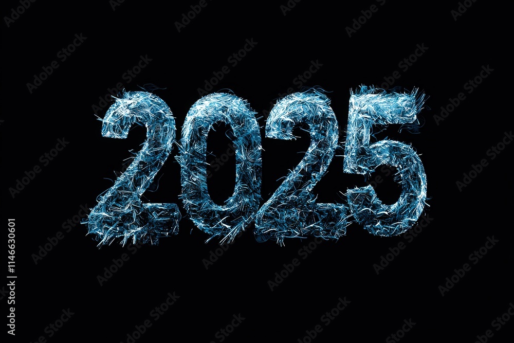 A vibrant display of the year 2025 is showcased using bright blue light and texture. The numbers look sparkling and energetic against a dark background, symbolizing optimism for the future.