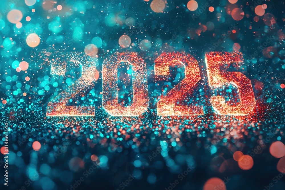 A vibrant display showcases the number 2025 formed by sparkling particles against a background of colorful bokeh lights. This artistic representation celebrates the upcoming year.