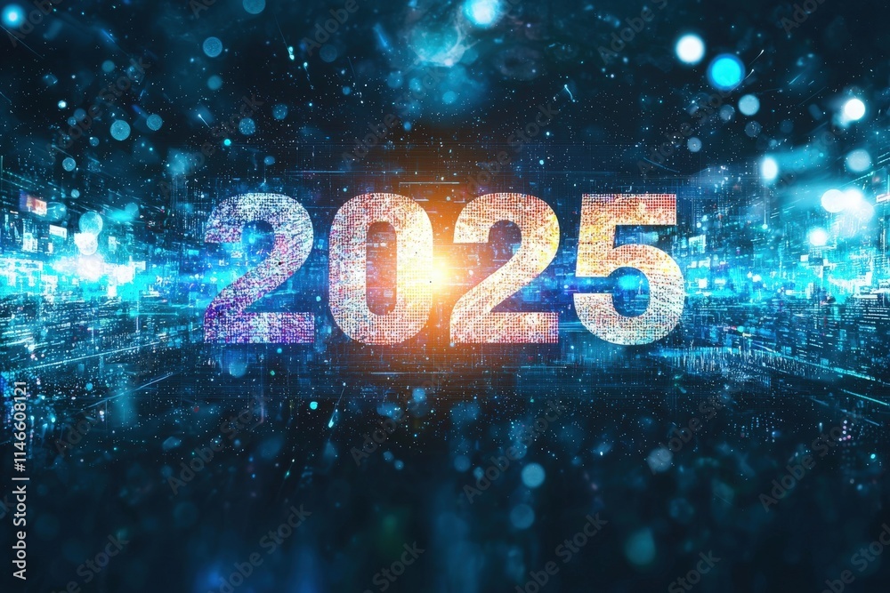 A vibrant display showcases the year 2025 against a backdrop of bright lights and digital effects. The setting evokes a futuristic city atmosphere filled with energy and innovation.
