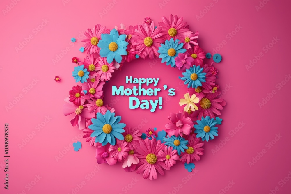 A vibrant floral wreath displays colorful flowers against a pink background, featuring a cheerful Happy Mothers Day message in the center. Perfect for celebrating motherhood.
