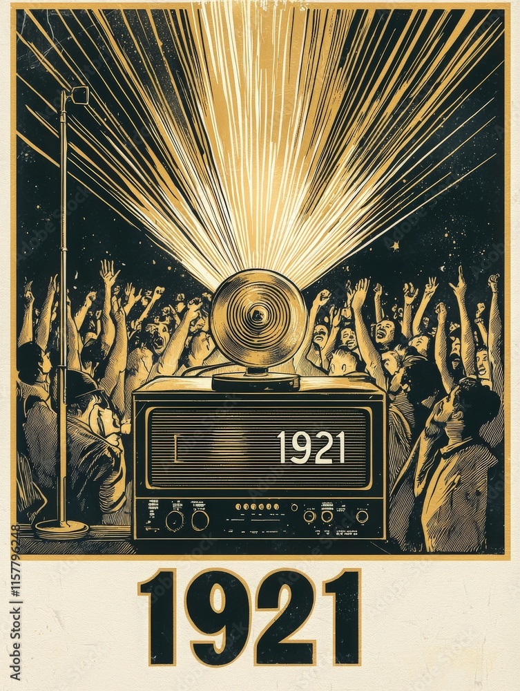 A vibrant gathering of people joyfully raising their arms in excitement. A vintage radio projects soundwaves, symbolizing the cultural significance of music in 1921.