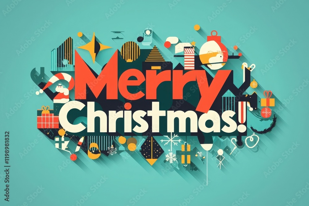 A vibrant graphic displays the words Merry Christmas along with various festive icons. Decorations include gifts, snowflakes, and holiday symbols, capturing the joyful spirit of the season.