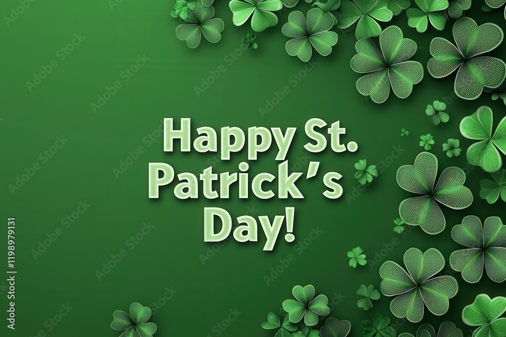A vibrant green backdrop features various clovers and the cheerful message wishing everyone a happy St Patricks Day. The design embodies the festive spirit of the holiday.