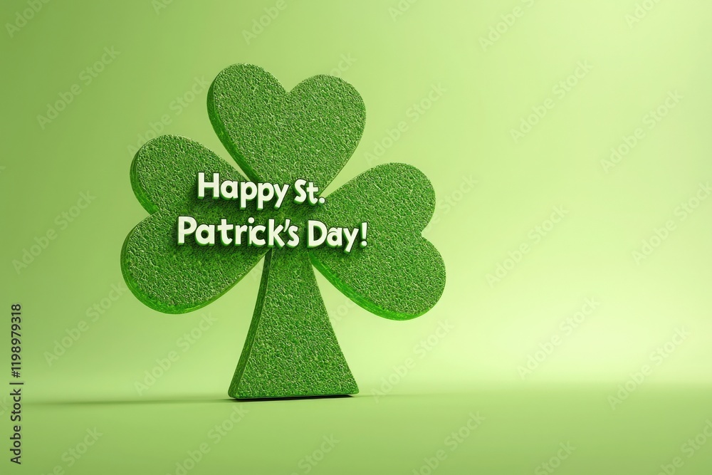 A vibrant green clover stands against a light green background, adorned with the message celebrating St. Patricks Day. This festive decor brings a cheerful vibe to springtime celebrations.