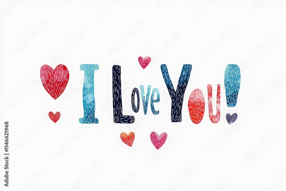 A vibrant hand-drawn illustration showcases the phrase I love you in various colors and styles, surrounded by heart shapes. This artwork conveys affection and warmth.