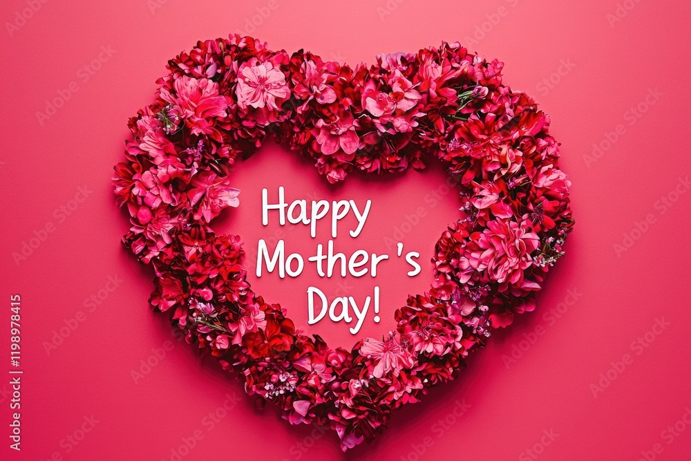 A vibrant heart-shaped wreath made of pink and red flowers is displayed against a bright pink background. The cheerful message wishing happy Mothers Day is prominently featured in the center.