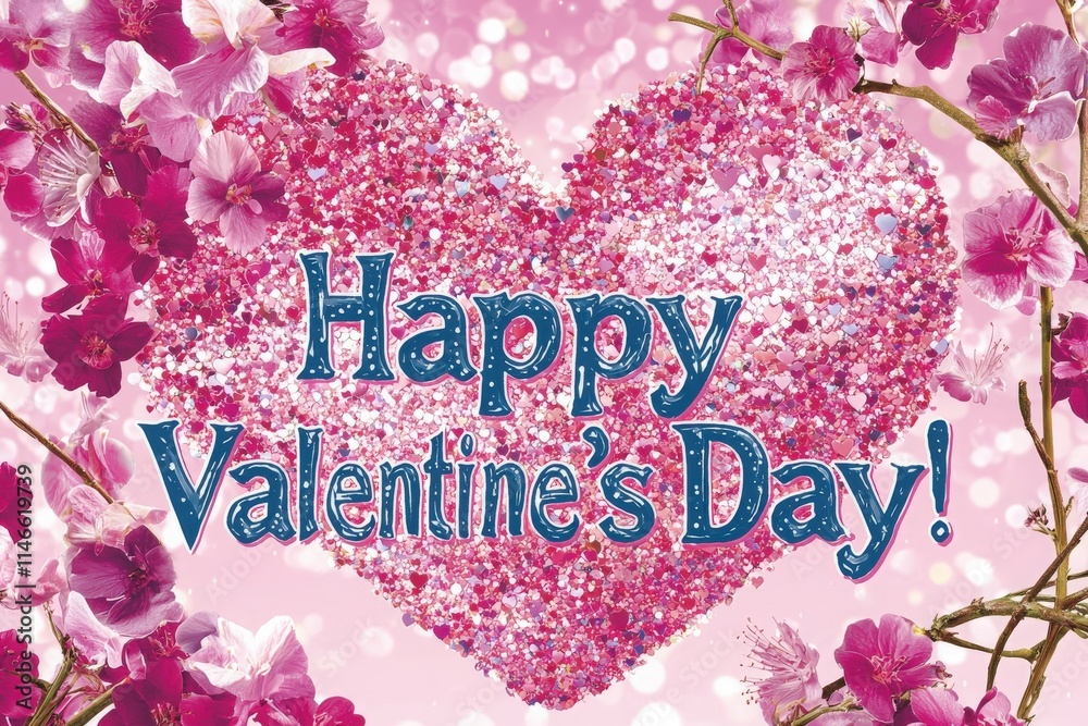 A vibrant heart filled with pink glitter sits on a soft pink background, surrounded by blooming flowers. The cheerful message wishes everyone a happy Valentines Day, perfect for sharing love.