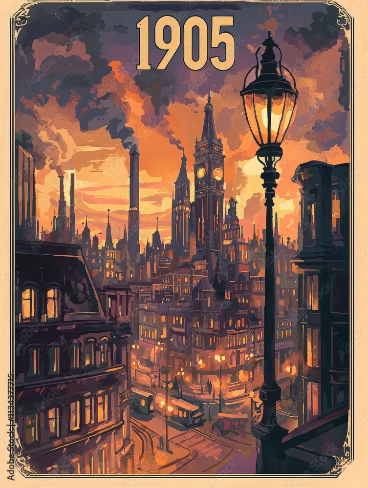 A vibrant historic city is illuminated at dusk, featuring smokestacks and towering buildings. The warm glow of the sunset enhances the intricate architecture and creates a nostalgic atmosphere.