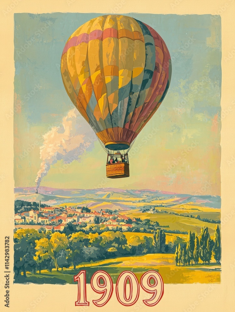 A vibrant hot air balloon ascends into the clear blue sky above lush green fields and quaint villages, depicting the charm of the countryside in 1909 with its tranquil landscape.