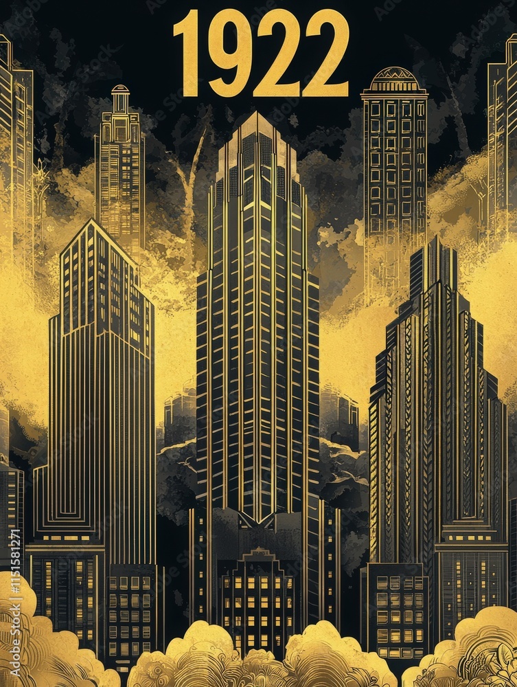 A vibrant illustration captures the essence of 1922 with tall art deco skyscrapers adorned in gold. The buildings are surrounded by stylized clouds, evoking a sense of grandeur and nostalgia.