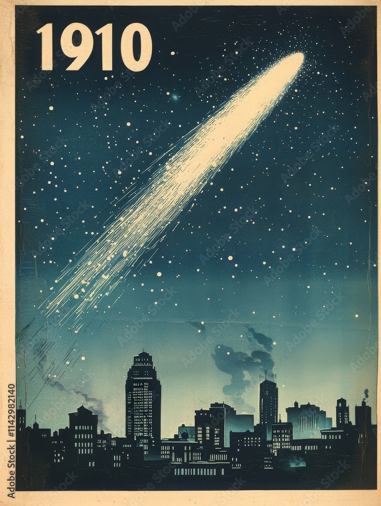 A vibrant illustration depicts a comet streaking across a star-filled night sky above a city skyline. The artwork from 1910 captures the wonder of astronomical events against an urban backdrop.