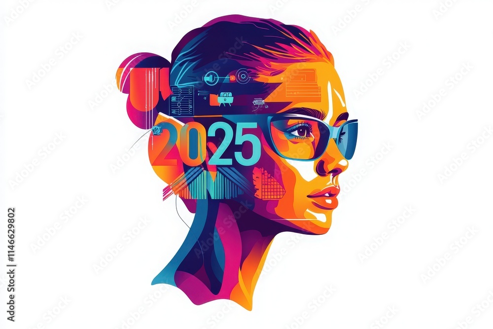 A vibrant illustration features a woman with glasses, showcasing bright colors and futuristic graphics representing technology and the year 2025. The artwork symbolizes innovation and progress.