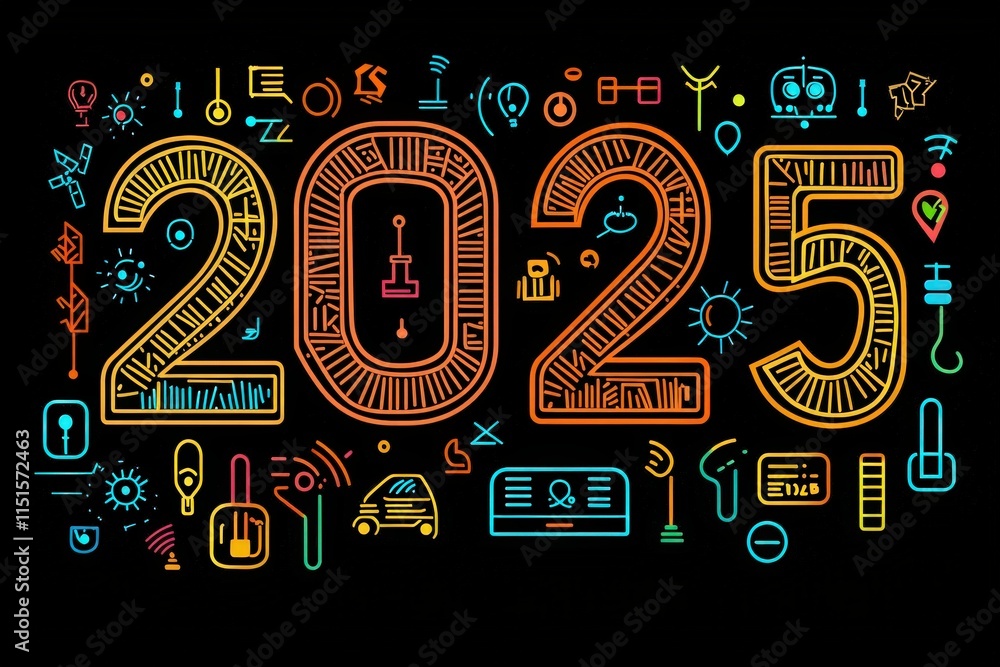 A vibrant illustration showcases the year 2025, decorated with various technology symbols like robots and light bulbs, symbolizing innovation and progress in the coming years.