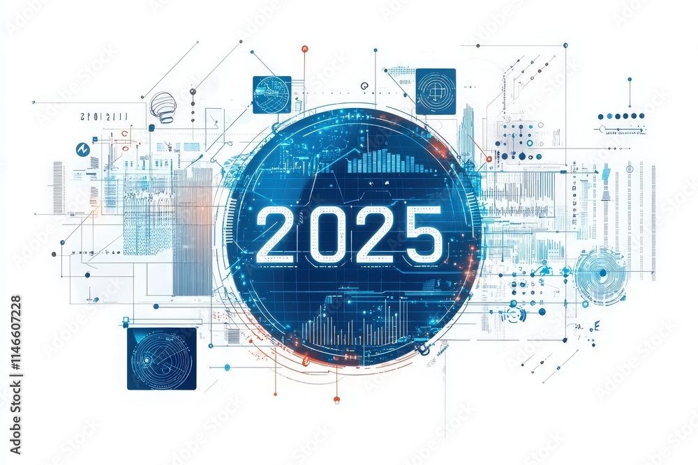 A vibrant illustration showcases the year 2025, surrounded by intricate technology patterns and digital graphics. The design emphasizes innovation, progress, and the future of technology.