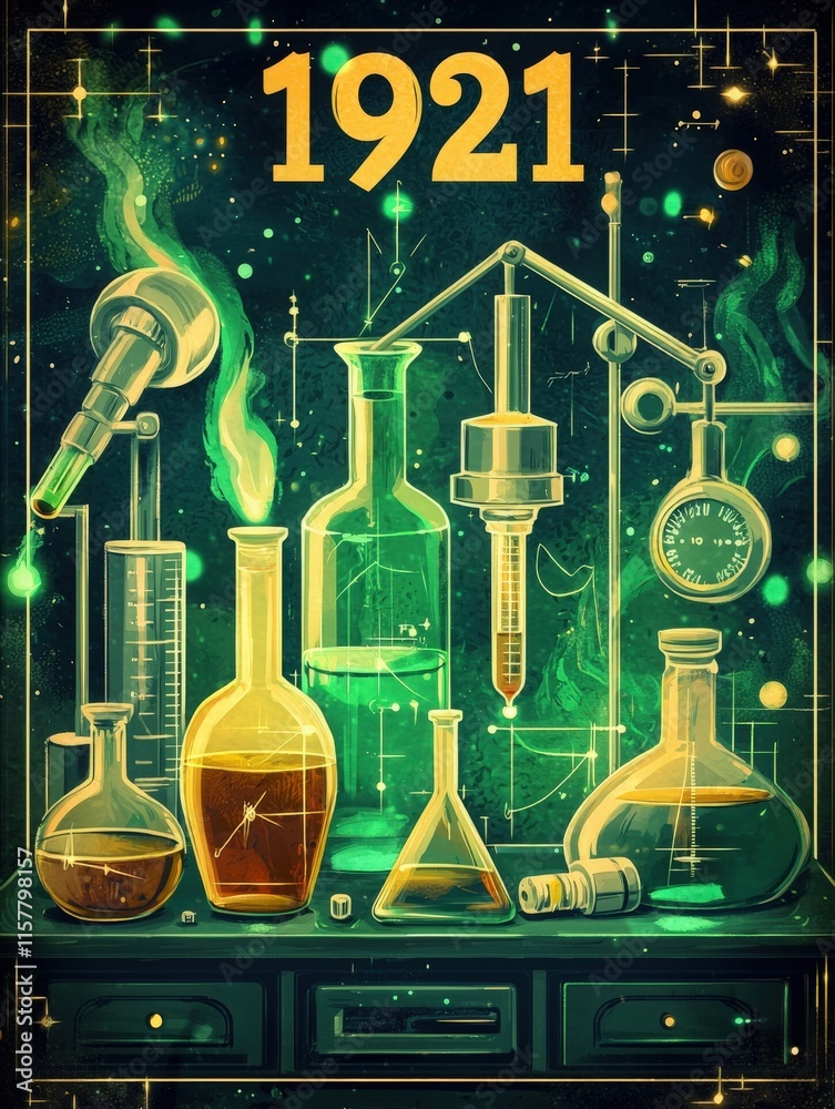 A vibrant laboratory arrangement showcases various glass containers filled with colorful liquids and unique apparatus, representing scientific exploration in the year 1921.