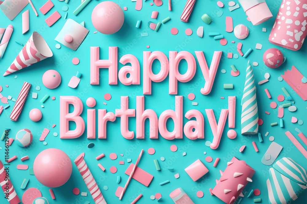 A vibrant layout displaying a variety of birthday decorations in pastel colors, including candies, balloons, and festive items, all surrounding cheerful birthday text on a bright background.