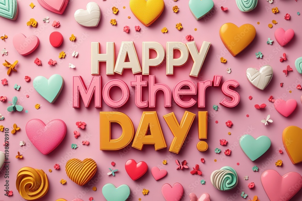 A vibrant layout of heart-shaped candies and decorative elements on a pink background celebrates Mothers Day. The cheerful text Happy Mothers Day! adds a festive touch to the display.