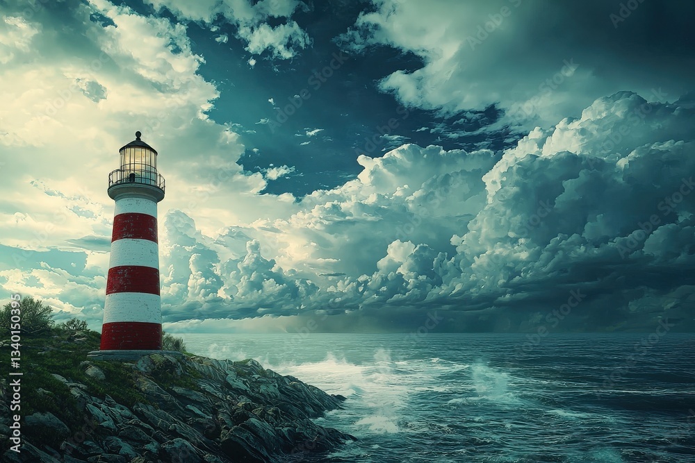 A vibrant lighthouse with red and white stripes overlooks turbulent waves crashing against rocky cliffs. Dark clouds loom in the sky, enhancing the dramatic seascape at dusk.