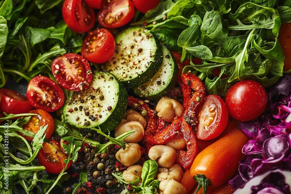 A vibrant mix of fresh vegetables including cherry tomatoes, cucumbers, and leafy greens is tossed with spices and herbs.