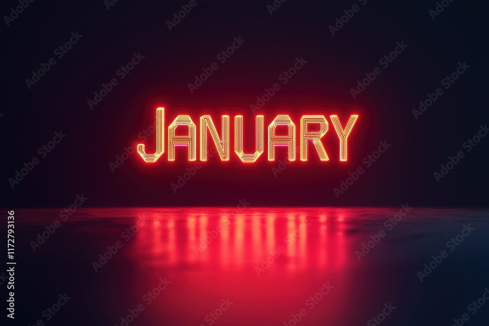 A vibrant neon sign spells out the word January in glowing red letters. The dark background enhances the signs brightness, creating a reflective surface that adds depth.