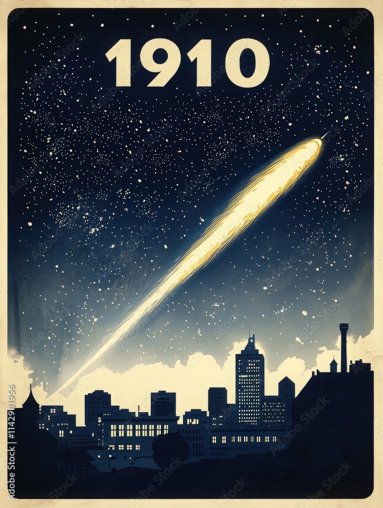 A vibrant night sky filled with stars features a bright comet streaking above a city skyline from 1910. Silhouettes of buildings create a striking contrast against the cosmic backdrop.