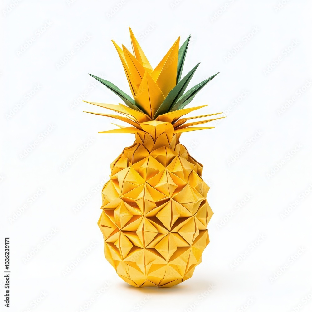 A vibrant origami pineapple made from yellow and green paper sits upright against a plain backdrop. The intricate folds create a striking visual, emphasizing artistry and craftsmanship.