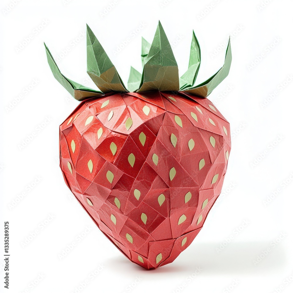 A vibrant origami sculpture of a strawberry showcases intricate folds and textures. The bright red exterior contrasts with green leaves, creating a striking and artistic representation of a fruit.