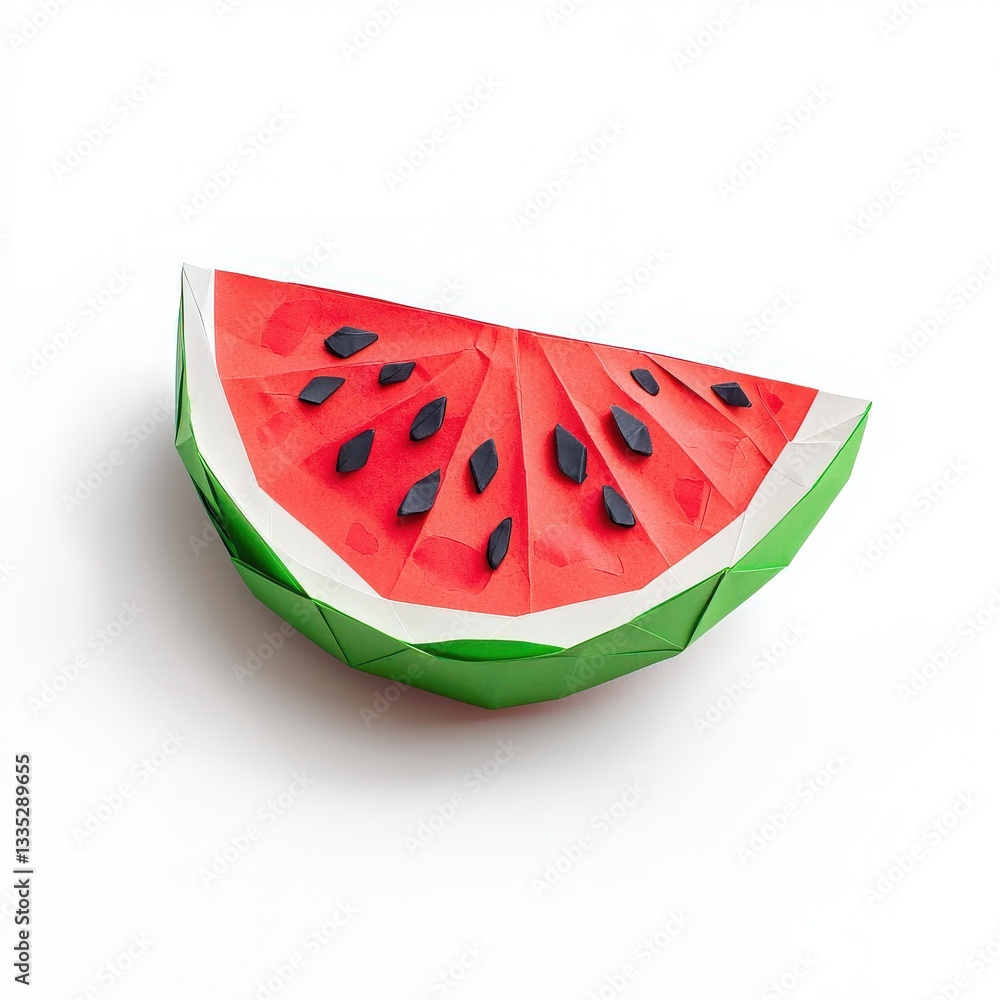 A vibrant origami watermelon slice is displayed on a clean white background. The piece features intricate details with shades of red, green, and black, showcasing artistic paper folding skills.
