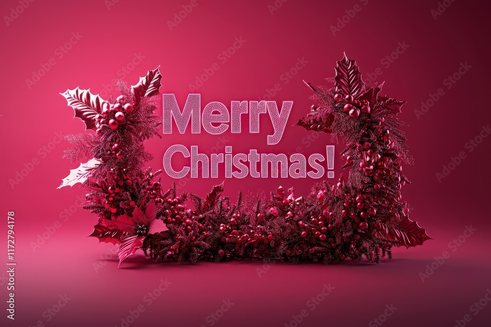 A vibrant pink background features a decorative arrangement of holly, berries, and festive elements, prominently displaying the cheerful message of Merry Christmas in glittering letters.