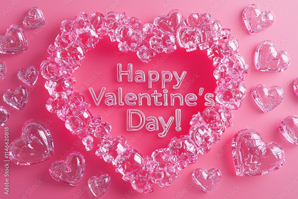 A vibrant pink background features an arrangement of clear heart-shaped embellishments and a cheerful greeting wishing a happy Valentines Day. The decoration enhances the festive atmosphere.