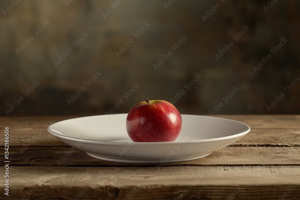 A vibrant red apple sits atop a plain white plate positioned on a weathered wooden table. The background features a muted, textured surface that enhances the apples color.