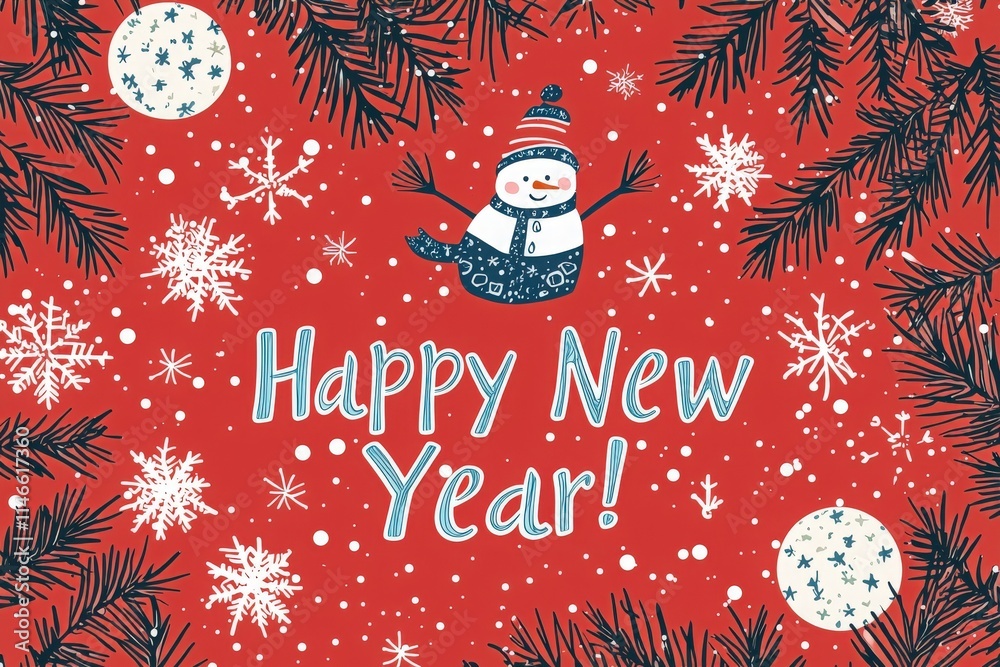 A vibrant red background features a smiling snowman in a winter hat and scarf, surrounded by snowflakes and pine branches. The text conveys a festive New Year greeting.