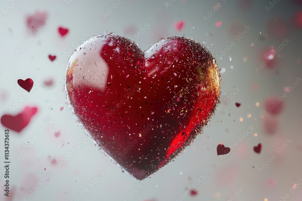A vibrant red heart floats in the center, surrounded by smaller sparkling hearts, creating a romantic atmosphere against a softly blurred backdrop that enhances the joyful theme.