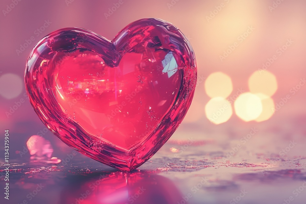 A vibrant red heart shaped crystal rests on a softly illuminated surface. The background features warm bokeh lights, creating an intimate and romantic atmosphere perfect for special occasions.