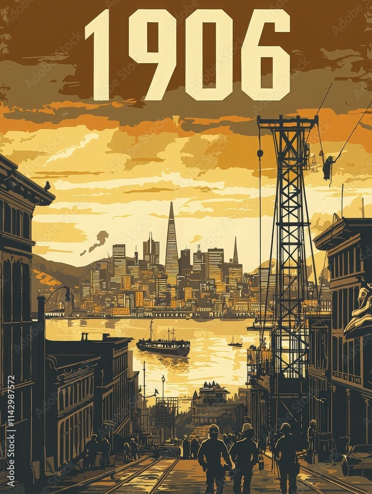 A vibrant representation of San Francisco in 1906, showcasing the skyline before the earthquake. Men walk along a sloped street, with boats in the water and dramatic lighting.