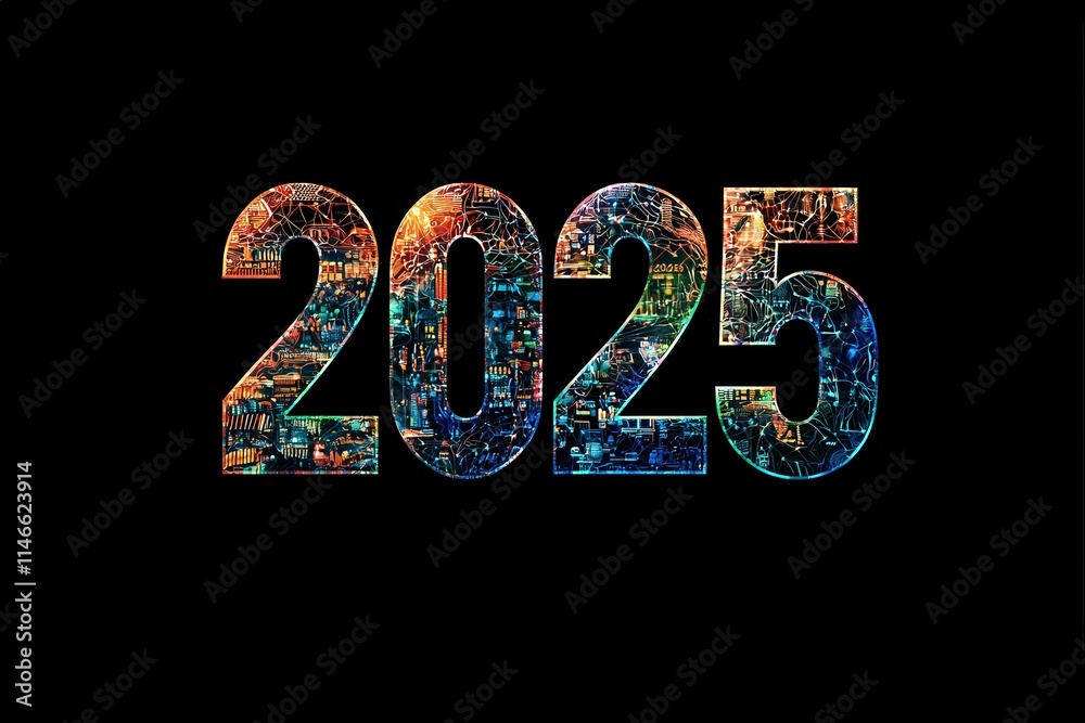 A vibrant representation of the year 2025, featuring bold, colorful numbers filled with intricate technological patterns. This design emphasizes a futuristic and innovative theme.