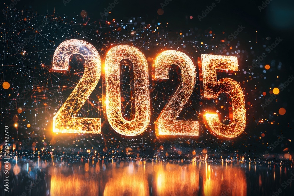 A vibrant representation of the year 2025, featuring glowing numbers enhanced with digital light effects. The backdrop reflects the illuminating sparks, creating a festive atmosphere.